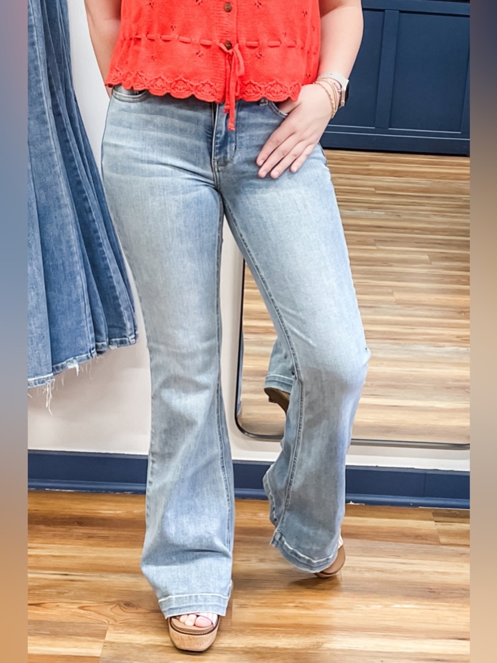 LONG Judy Blue Mid Rise Flare Jeans JB82718 LIGHT WASH Split Destroyed Hem